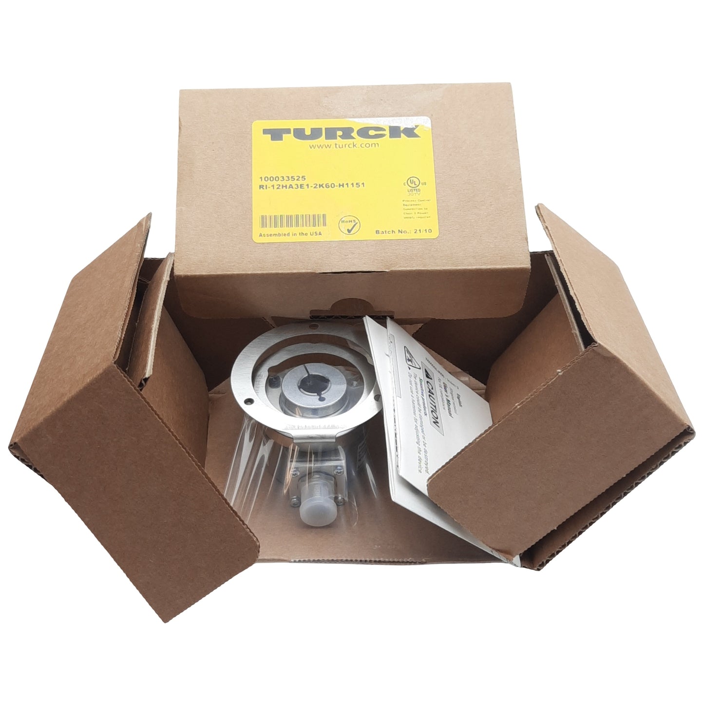 Used Turck 100033525 Rotary Encoder, 60-Pulse, ø2" Shaft ø1/2" Bore, 30VDC, M12 5-Pin