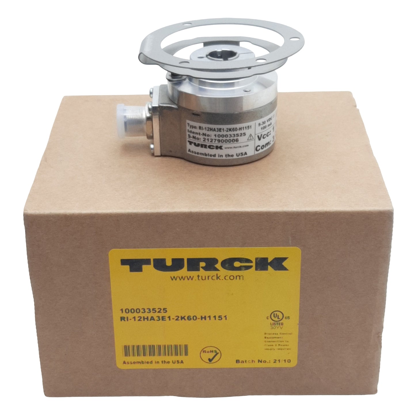 Used Turck 100033525 Rotary Encoder, 60-Pulse, ø2" Shaft ø1/2" Bore, 30VDC, M12 5-Pin