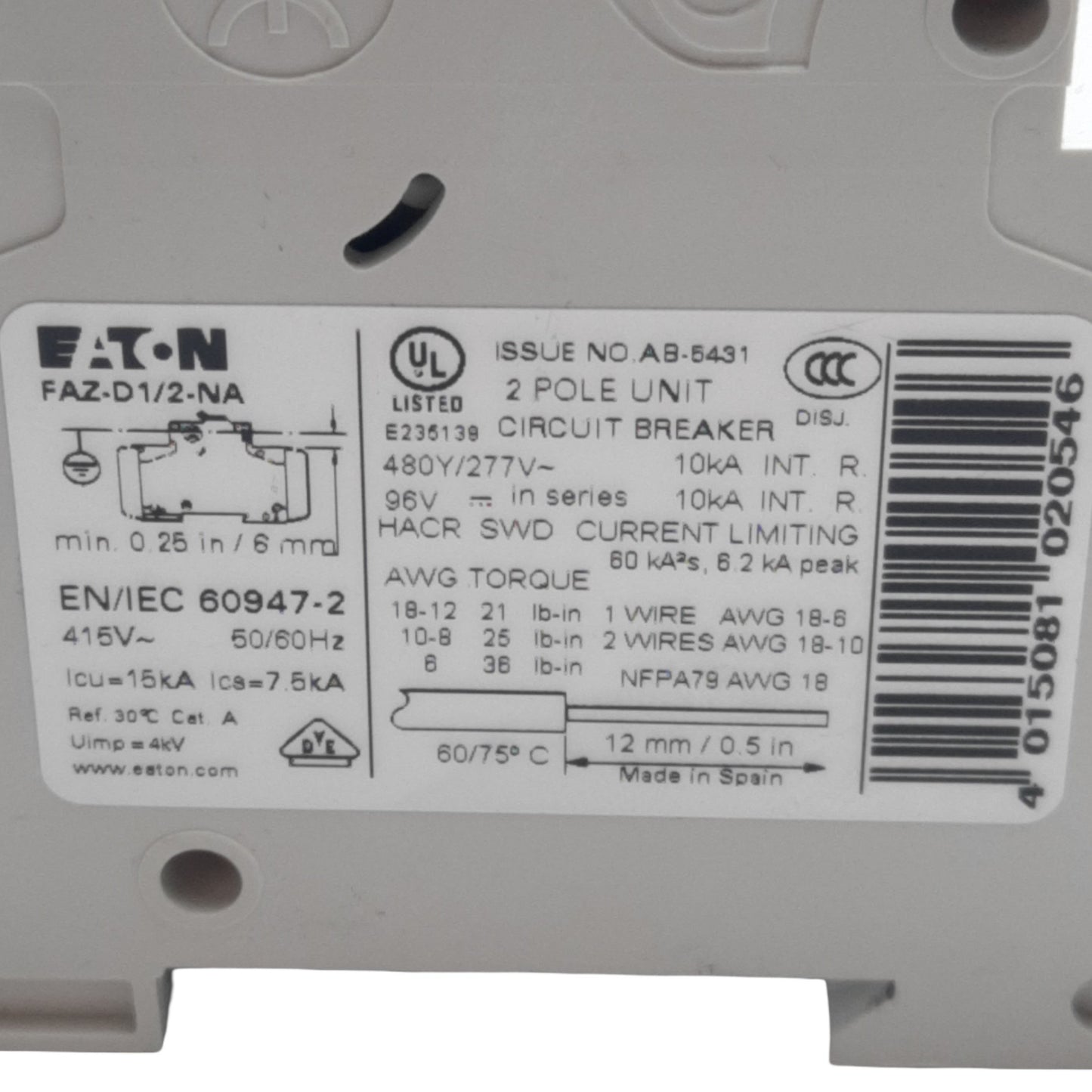 Used Eaton FAZ-D1/2-NA Circuit Breaker 2 Pole, 277VAC 48VDC 1A, 10kA, DIN