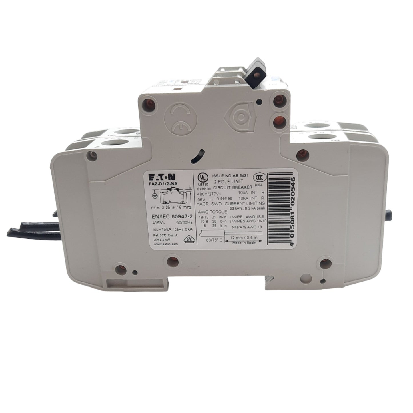 Used Eaton FAZ-D1/2-NA Circuit Breaker 2 Pole, 277VAC 48VDC 1A, 10kA, DIN