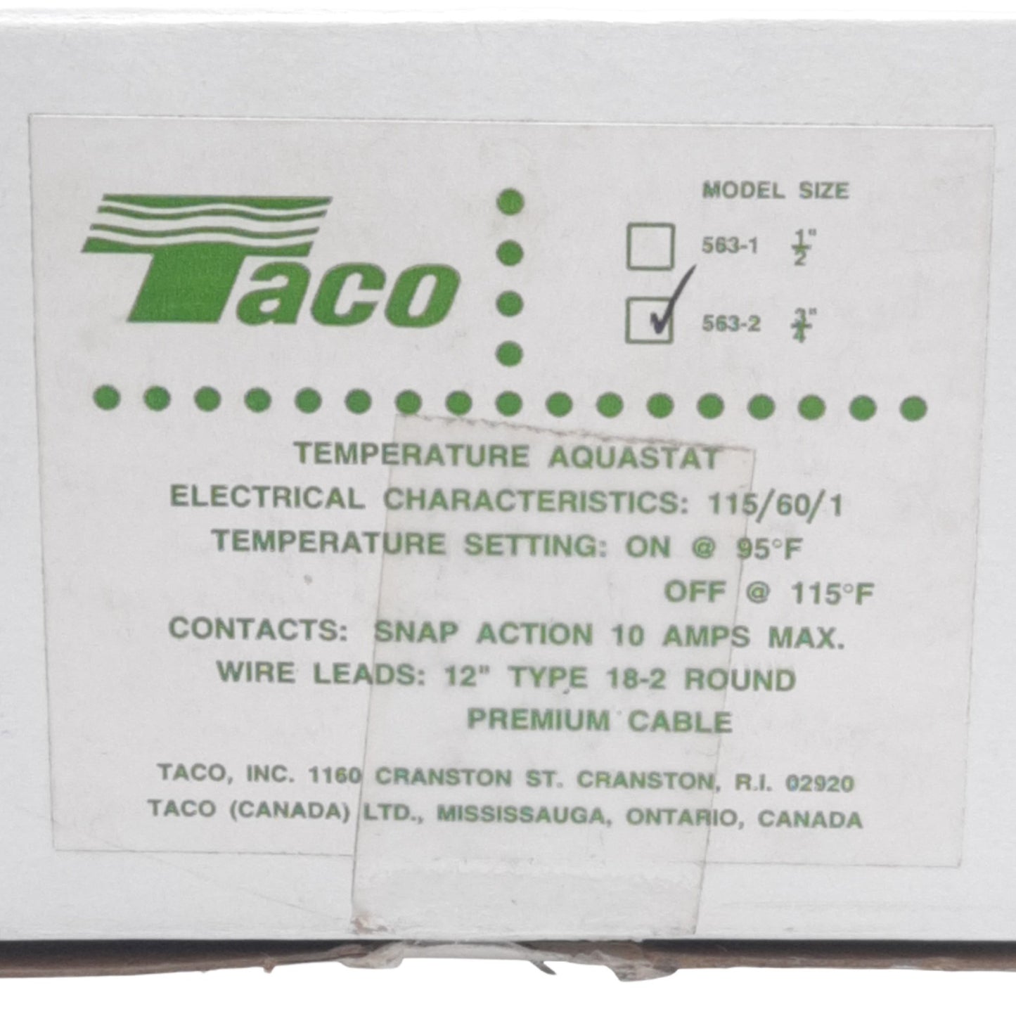 New Taco 563-2 Aquastat Temperature Switch 115 VAC, 60 Hz, On @ 95°F, Off @ 115°F