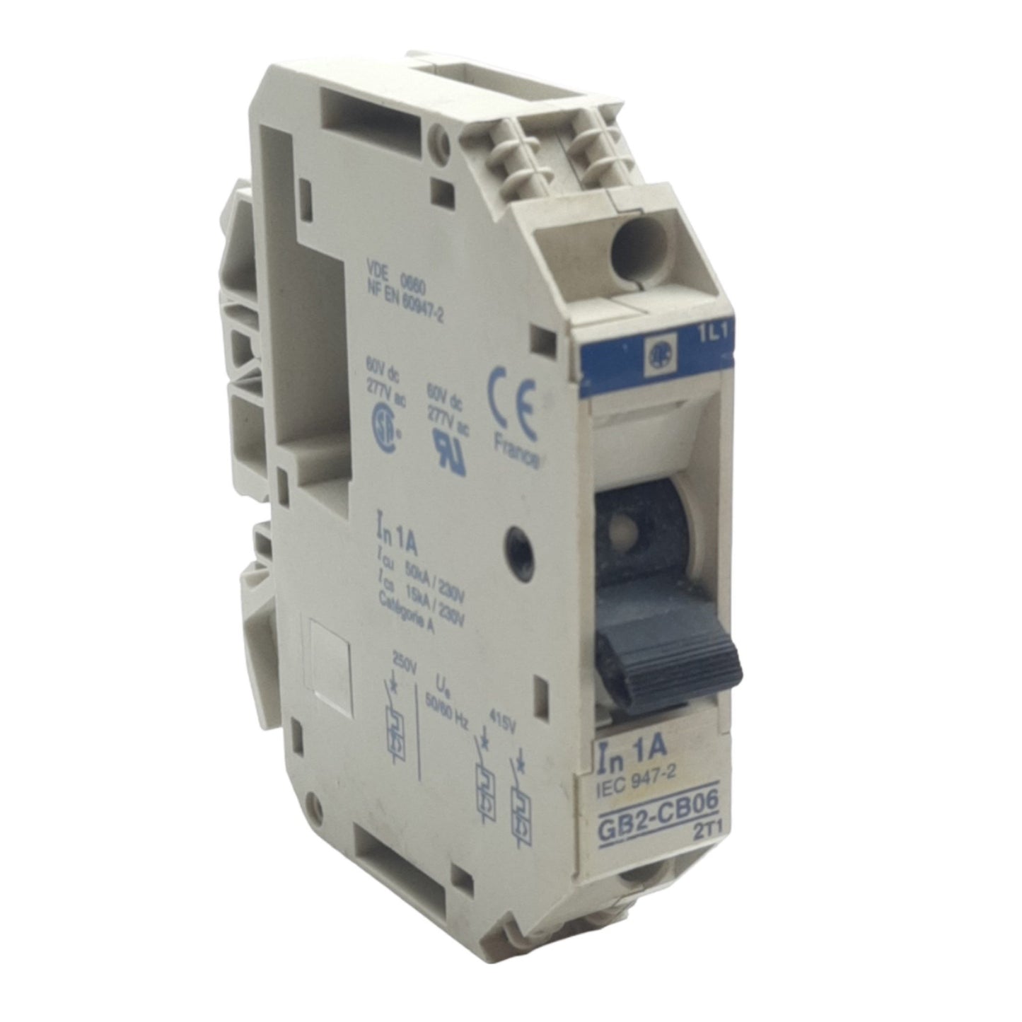 Used Telemecanique GB2-CB06 Circuit Breaker, 60 VDC 277 VAC, 1 Pole, 1A, Clip Mount
