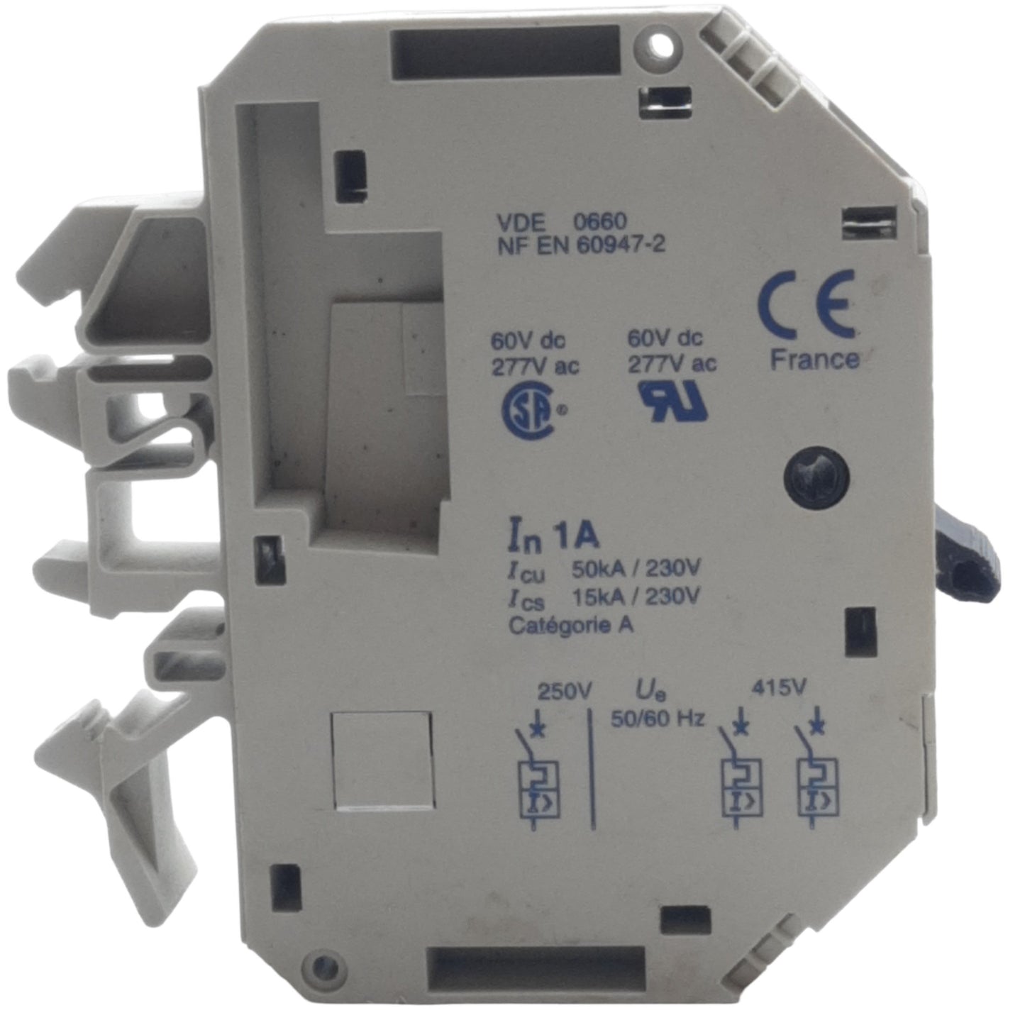 Used Telemecanique GB2-CB06 Circuit Breaker, 60 VDC 277 VAC, 1 Pole, 1A, Clip Mount