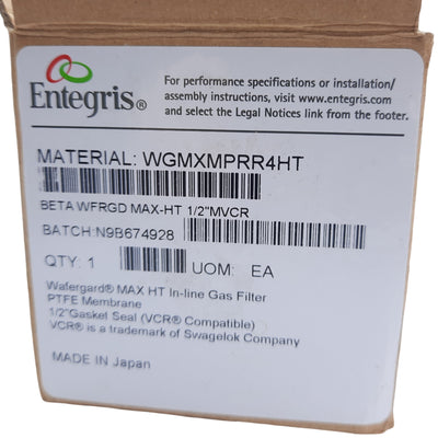 New Entegris WGMXMPRR4HTL Wafergard MAX in-Line PTFE Gas Filter, 1/2" Male VCR, 5"