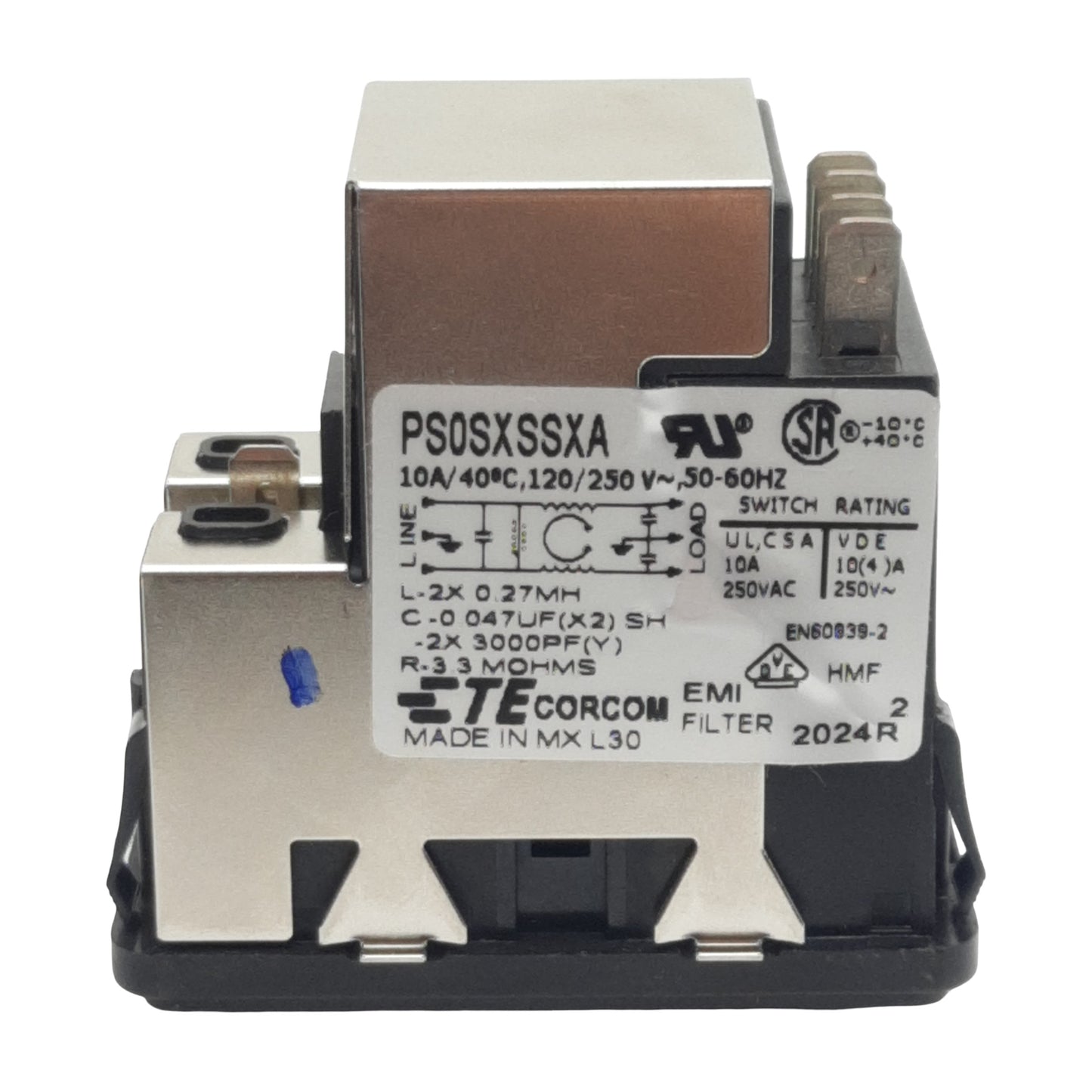 Used TE Corcom PS0SXSSXA Power Entry Module, DPST, 10A 120/250VAC, 0.187in FASTON Out