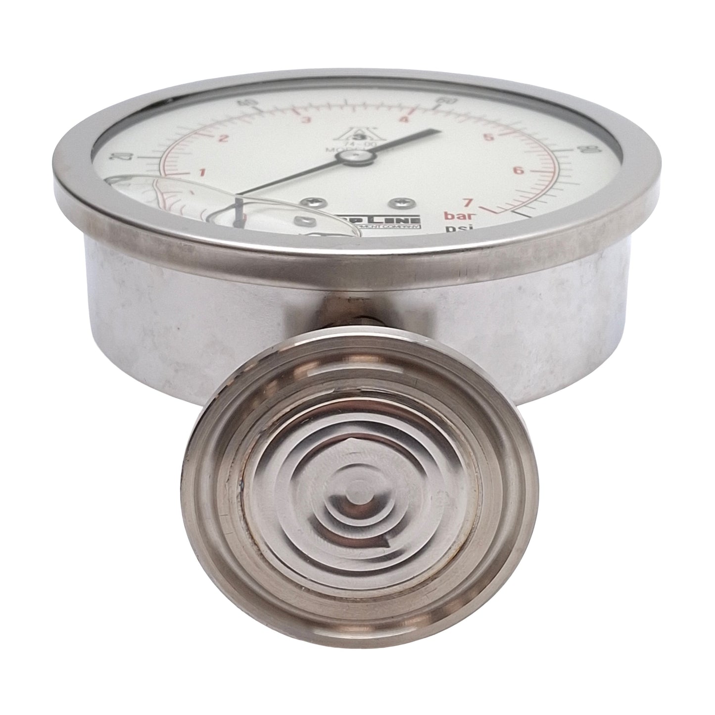 Used TopLine SP74-00 Glycerin Filled Pressure Gauge, 0-100Psi/0-7bar, 2in Sanitary