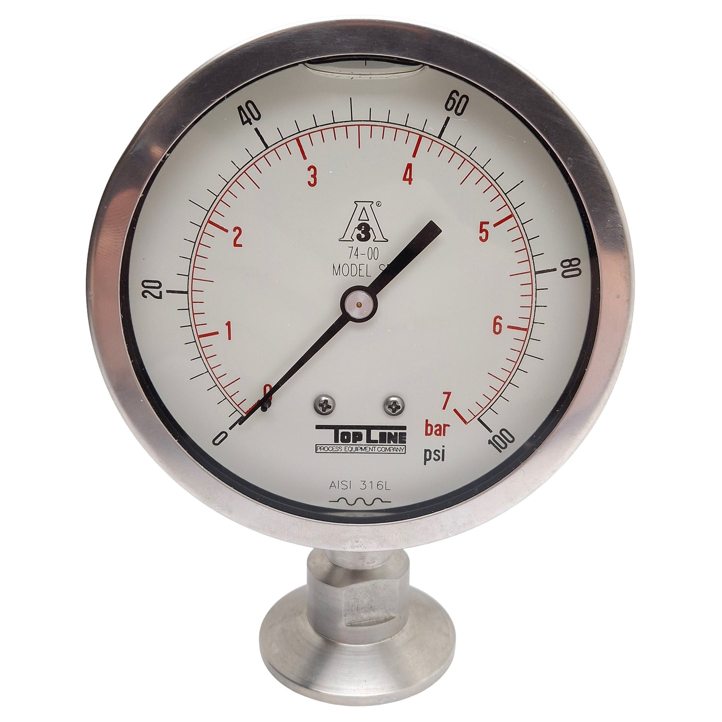 Used TopLine SP74-00 Glycerin Filled Pressure Gauge, 0-100Psi/0-7bar, 2in Sanitary