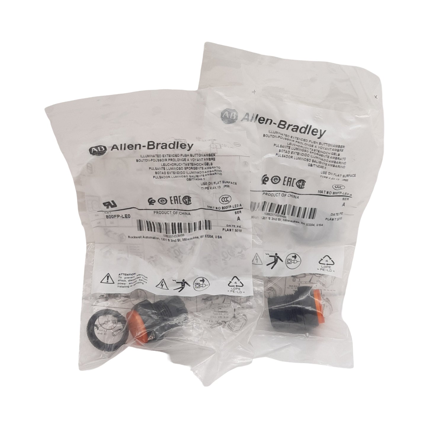 New Lot of 2 Allen Bradley 800FP-LE0 Extended Pushbutton, Illuminated Amber, 22mm