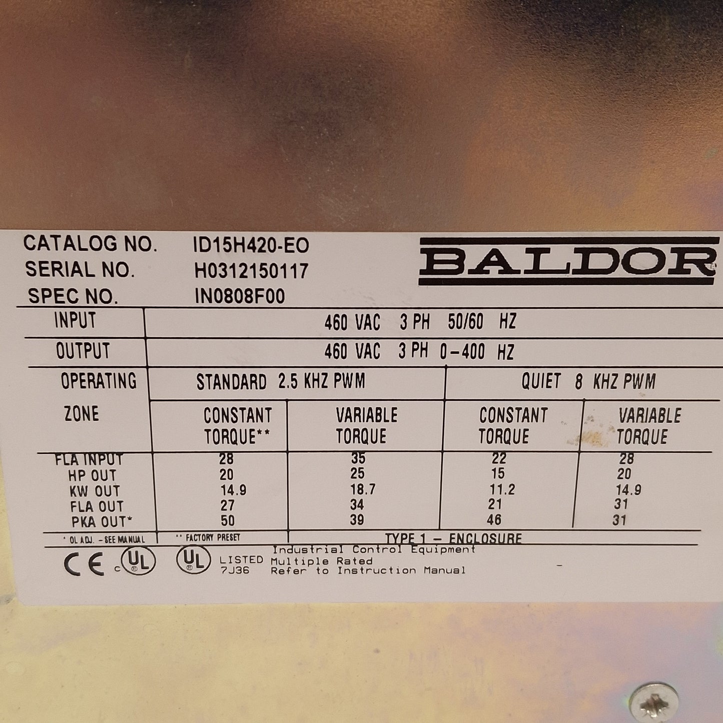 Used Baldor ID15H420-EO Adjustable Speed Drive, 20HP, 3-Phase, 460VAC, 0-400Hz