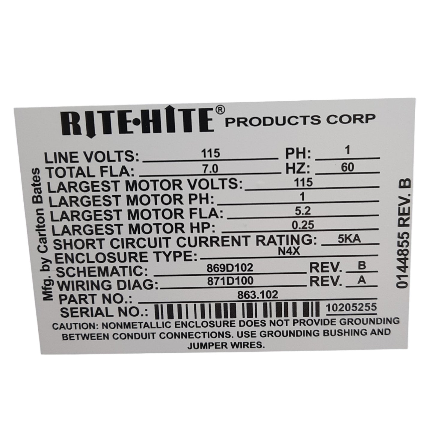 New Rite Hite 863.102 CBSHR5 Dock Lock Control Box, 115VAC Input, 7.0 FLA, HP 0.25