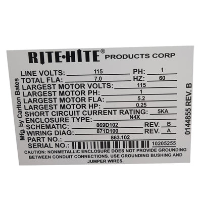 New Rite Hite 863.102 CBSHR5 Dock Lock Control Box, 115VAC Input, 7.0 FLA, HP 0.25