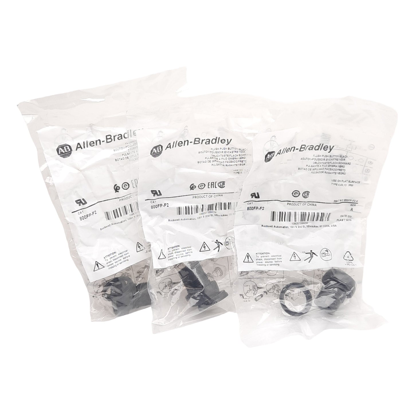 New Lot of 3 Allen Bradley 800FP-F2 Flush Pushbutton, Non-Illuminated Black, 22mm