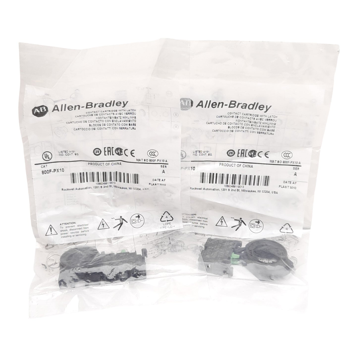 New Lot of 2 Allen Bradley 800F-PX10 Contact Block w/ Latch, 1N.O., 10A 600VAC, 22mm