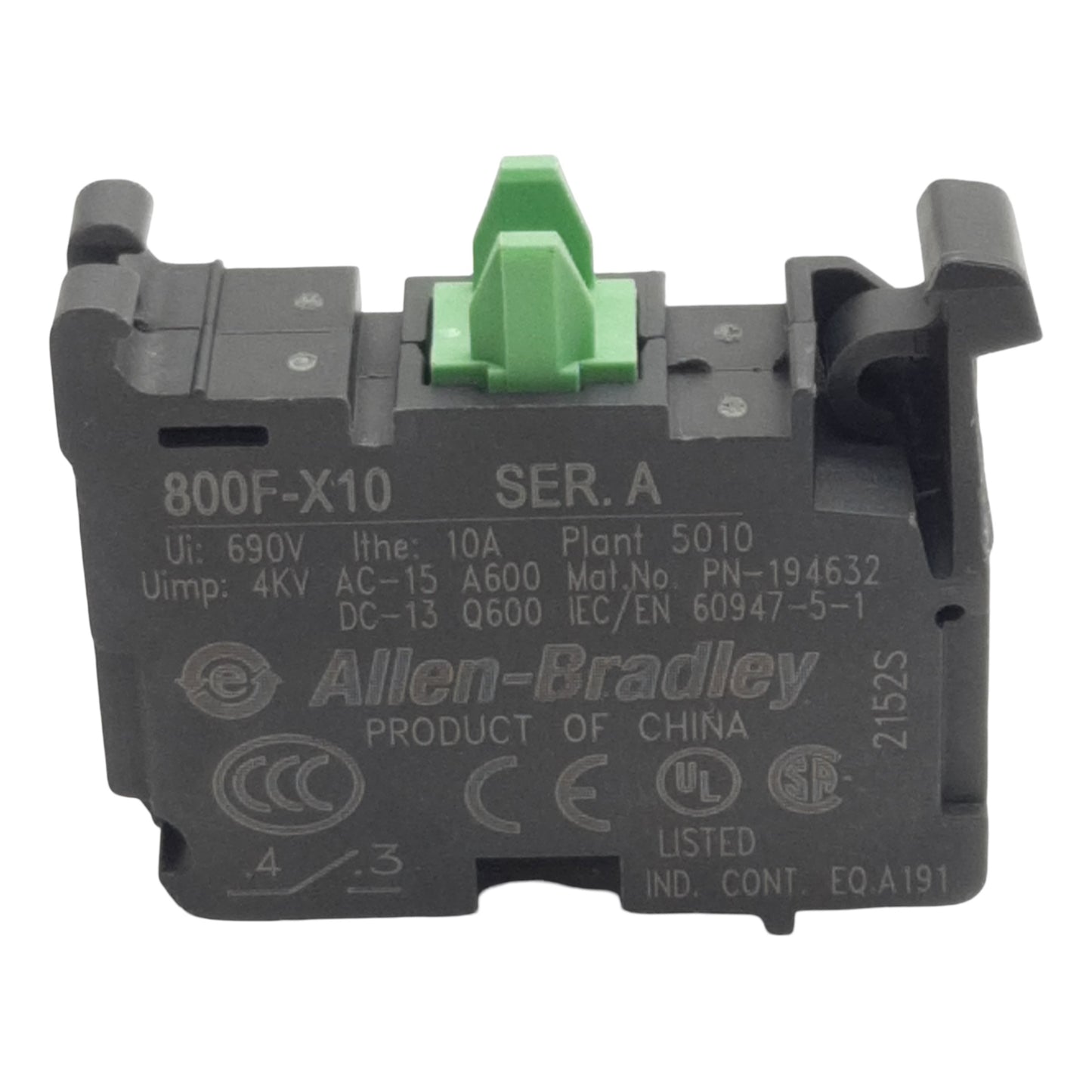 New Lot of 2 Allen Bradley 800F-PX10 Contact Block w/ Latch, 1N.O., 10A 600VAC, 22mm