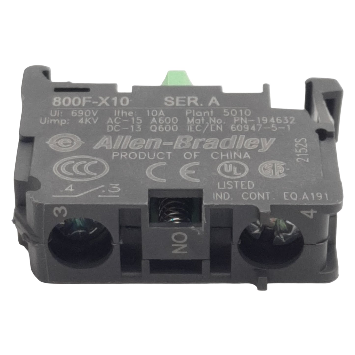 New Lot of 2 Allen Bradley 800F-PX10 Contact Block w/ Latch, 1N.O., 10A 600VAC, 22mm