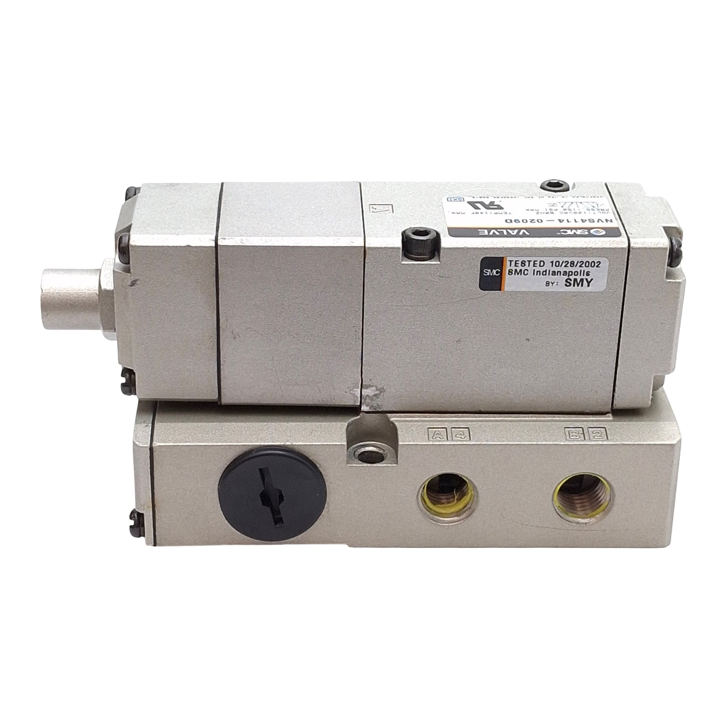 Used SMC NVS4114-0209D Solenoid Valve, Spring Return, 150PSI, 1/4in NPTF, 120VAC Coil
