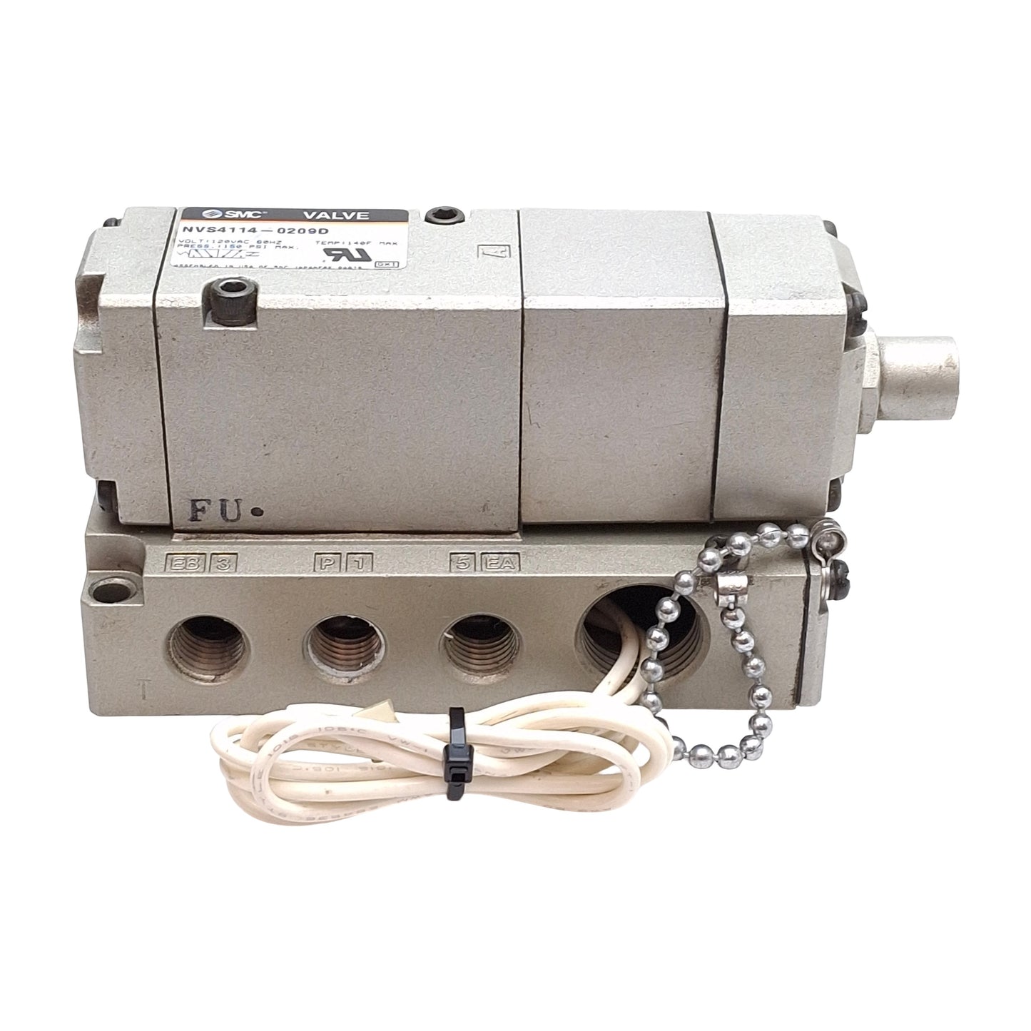 Used SMC NVS4114-0209D Solenoid Valve, Spring Return, 150PSI, 1/4in NPTF, 120VAC Coil