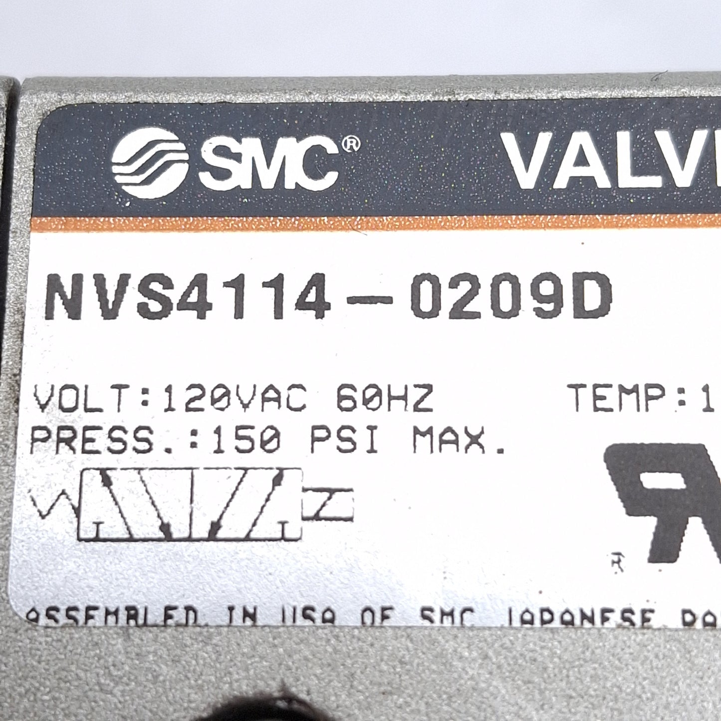 Used SMC NVS4114-0209D Solenoid Valve, Spring Return, 150PSI, 1/4in NPTF, 120VAC Coil