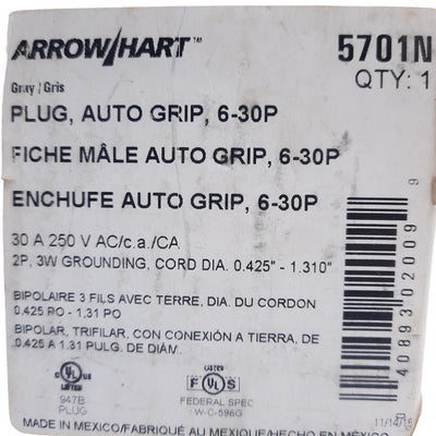 New Arrow Hart 5701N Heavy-Duty Auto Grip Plug, 2-Pole 3 Wire 6-30P 30A 250VAC