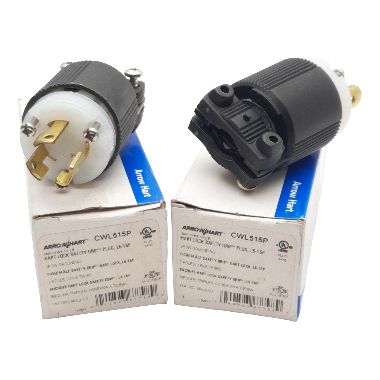 New Lot of 2 Eaton Arrow Hart CWL515P Safety Grip Locking Plug, 2P-3W, 15A 125VAC