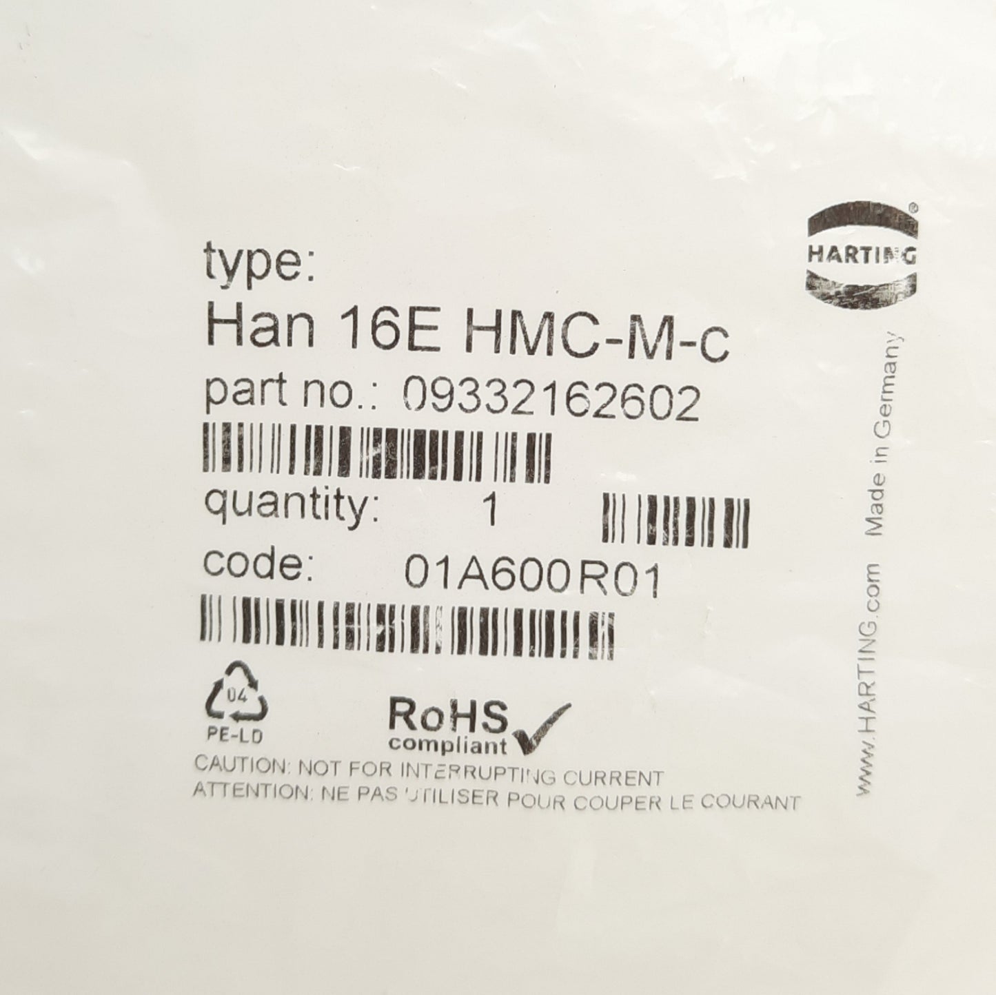 New Harting Han 16E HMC-M-c Heavy Duty Connector 16-Contacts, Male, 16B, 500V 16A