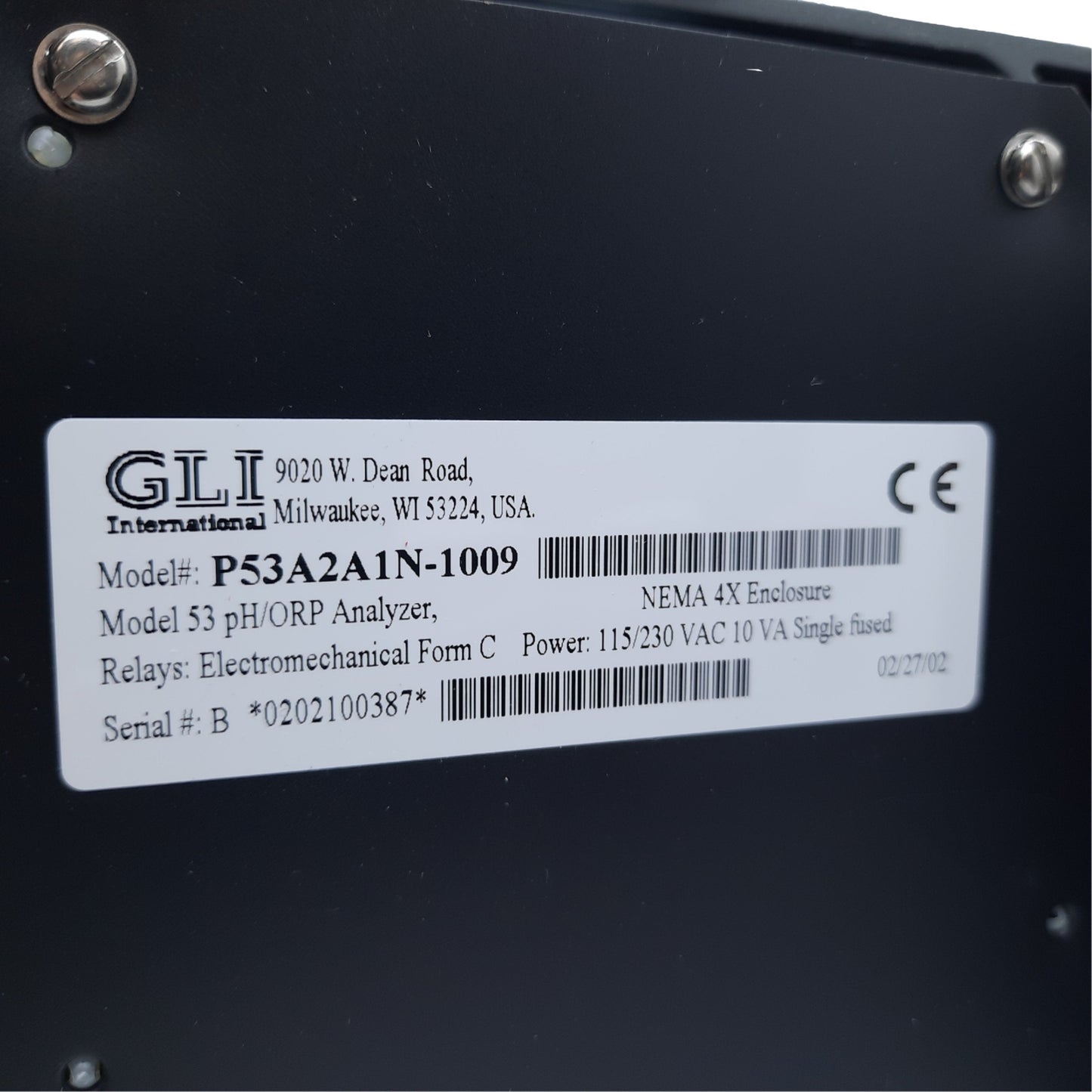 Used GLI P53A2A1N-1009 pH & ORP Analyzer Electromechanical Relay, 115/230 VAC 10V