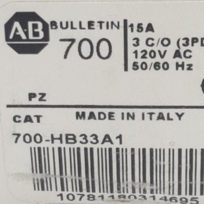 New Allen Bradley 700-HB33A1 Ice Cube Relay, 3PDT, 15A 30VDC/250VAC, 120VAC Coil