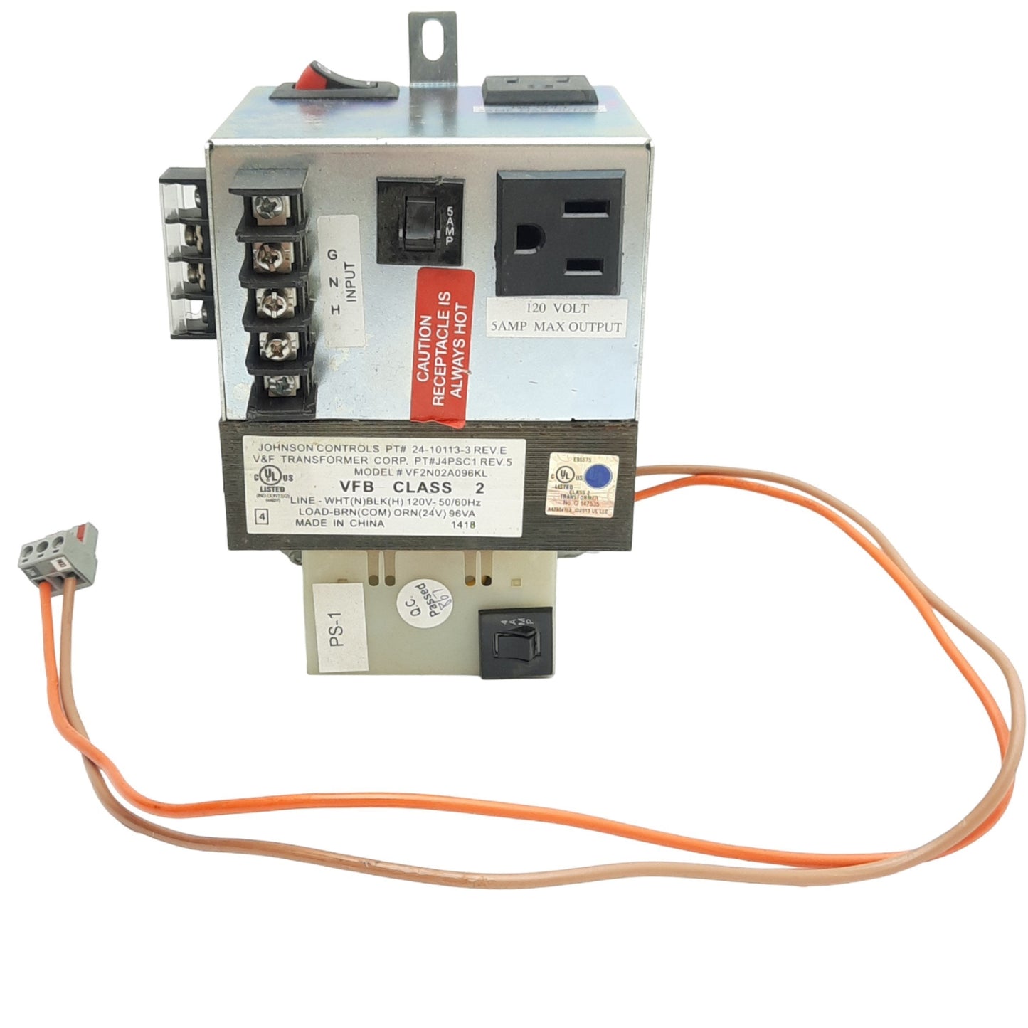 Used Johnson Controls VF2N02A096KL Transformer,120VAC 5A Max, Load 24 V 96 VAC