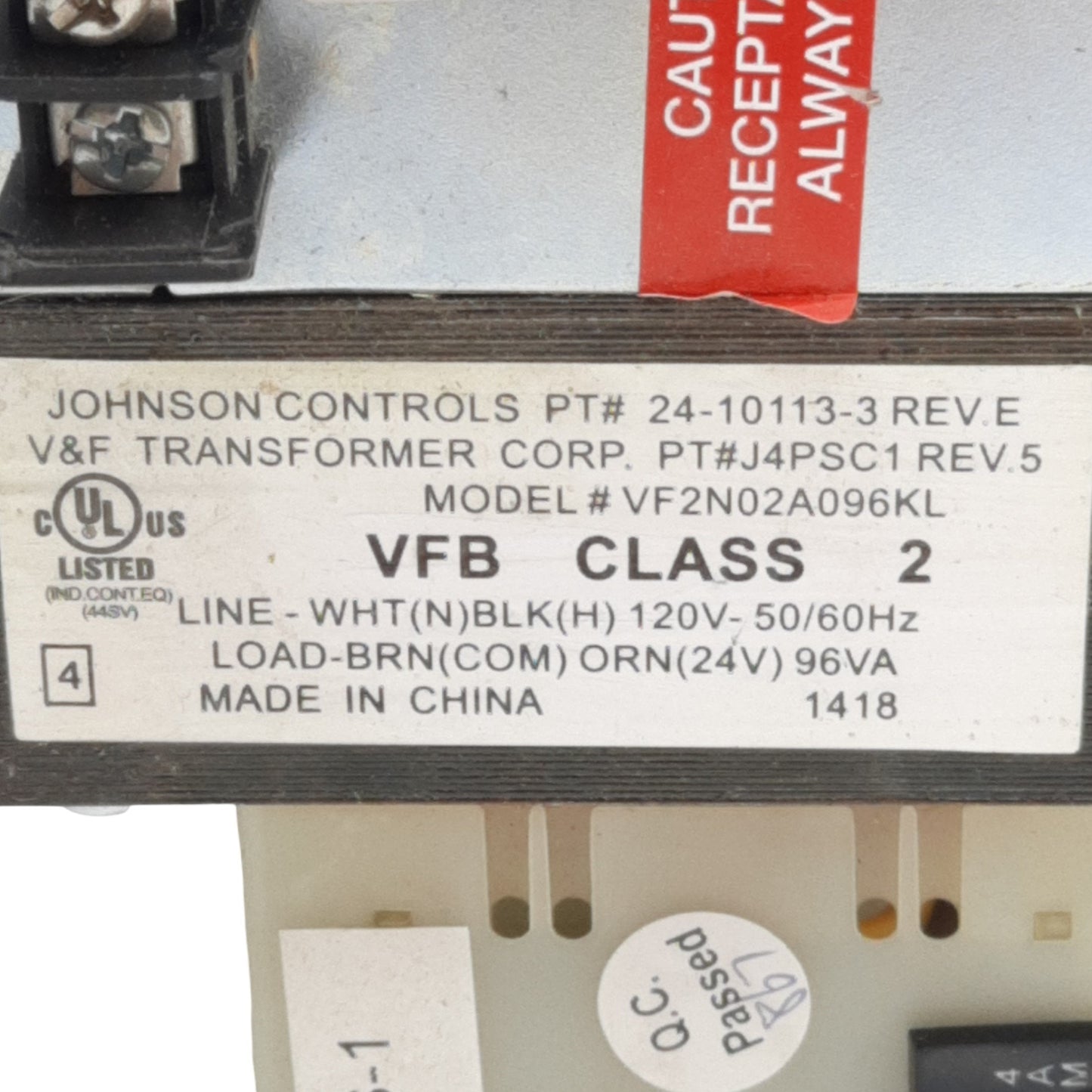Used Johnson Controls VF2N02A096KL Transformer,120VAC 5A Max, Load 24 V 96 VAC