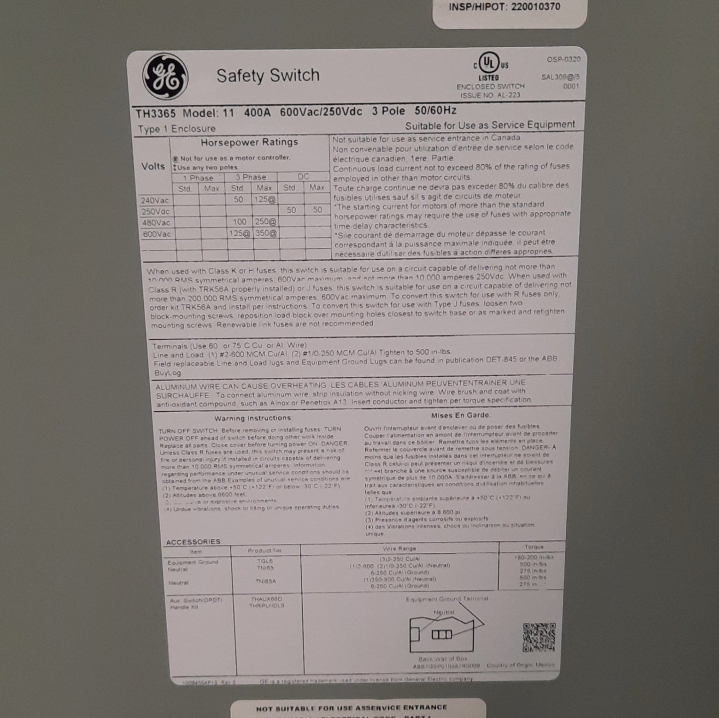 New – Open box ABB TH3365 Enclosed Disconnect Switch 3-Pole, 600VAC/250VDC 400A, 53 x 22 x 8in