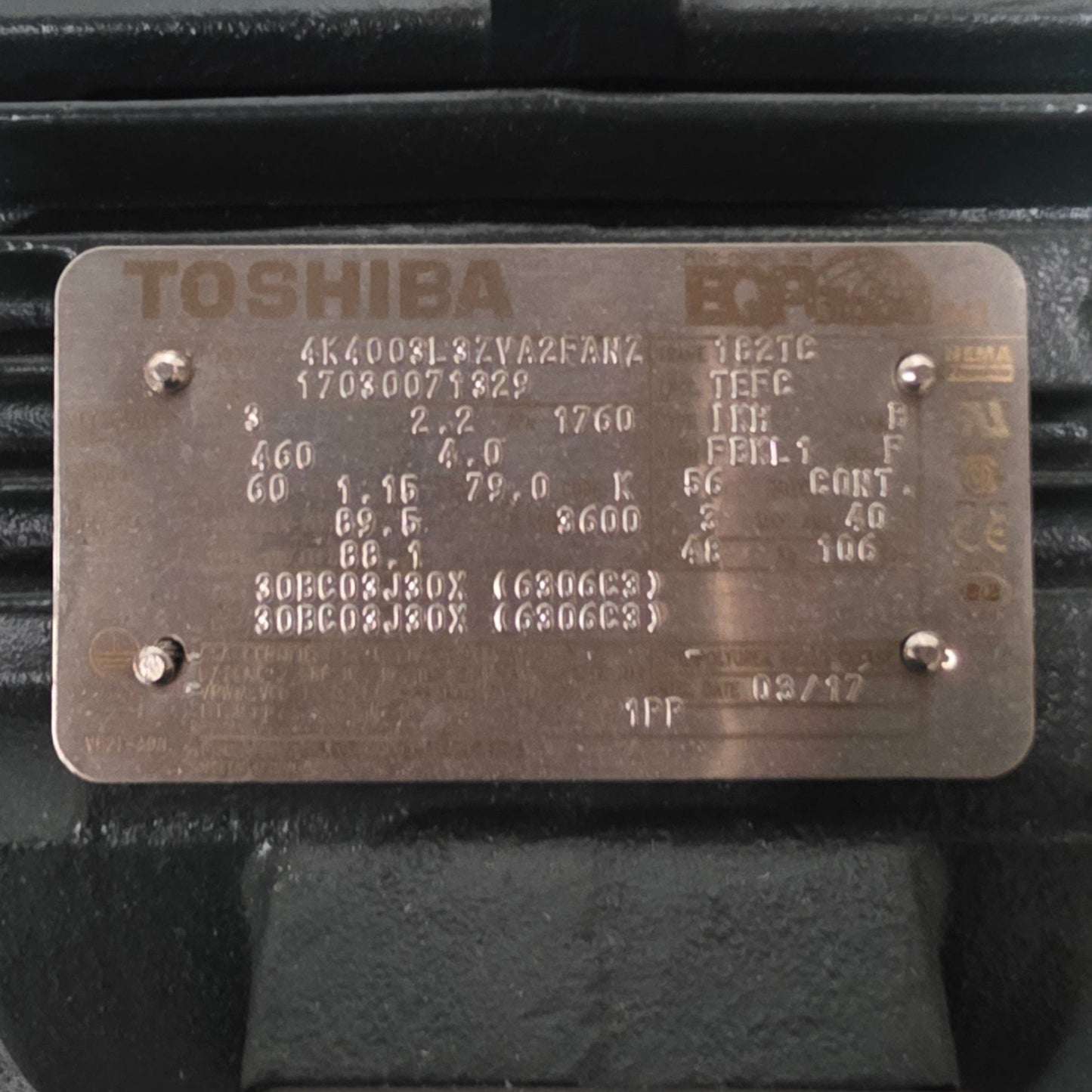 Used Toshiba 4K4003L3ZVA2FANZ EQP Global 841 General Purpose Motor 3HP, 460VAC, 182TC