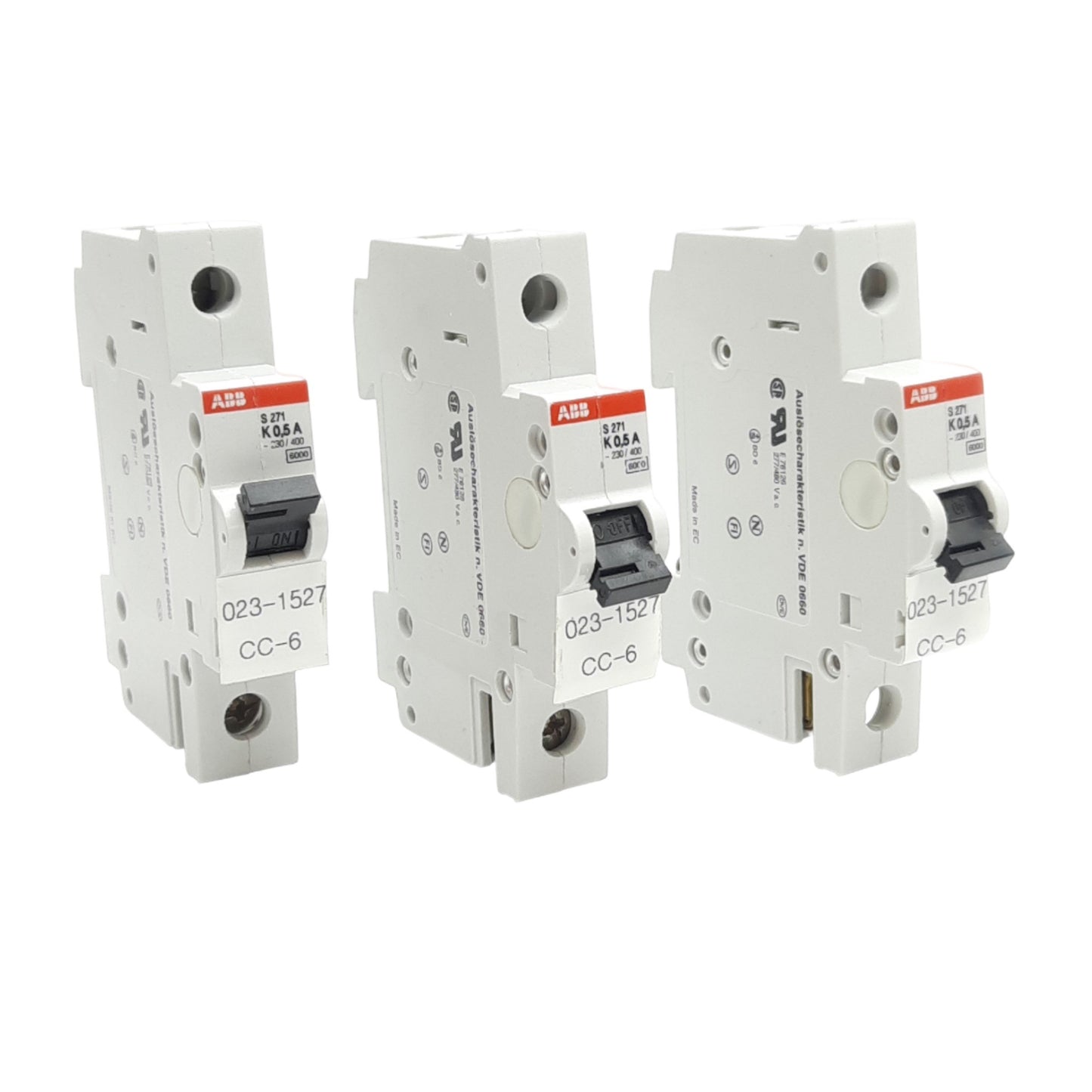 Used Lot of 3 ABB S271K0.5A Circuit Breakers, Single Pole, 230/400VAC, 0.5A, DIN Rail