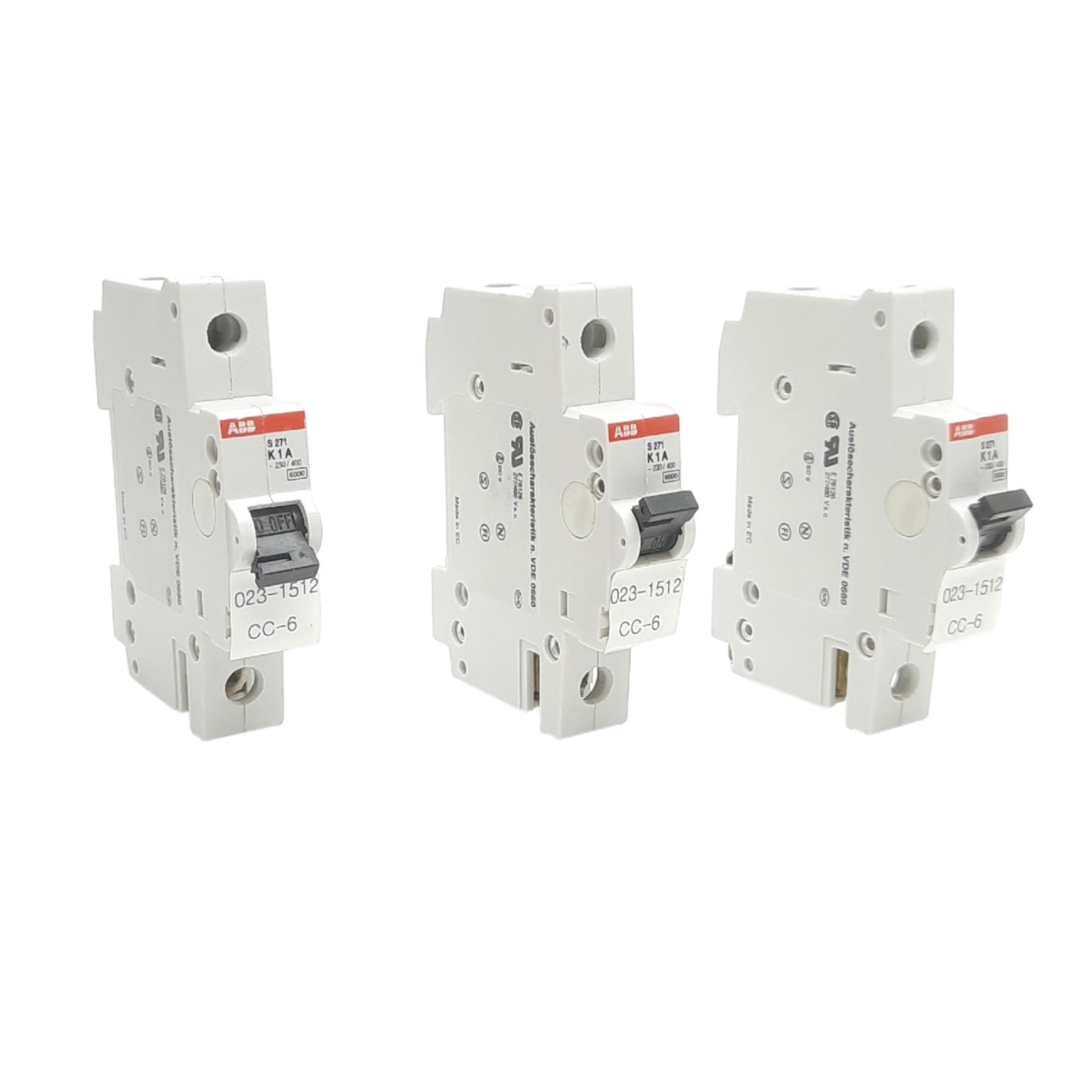 Used Lot of 3 ABB S271K1A Circuit Breakers, Single Pole, 230/400VAC, 1A, DIN Rail