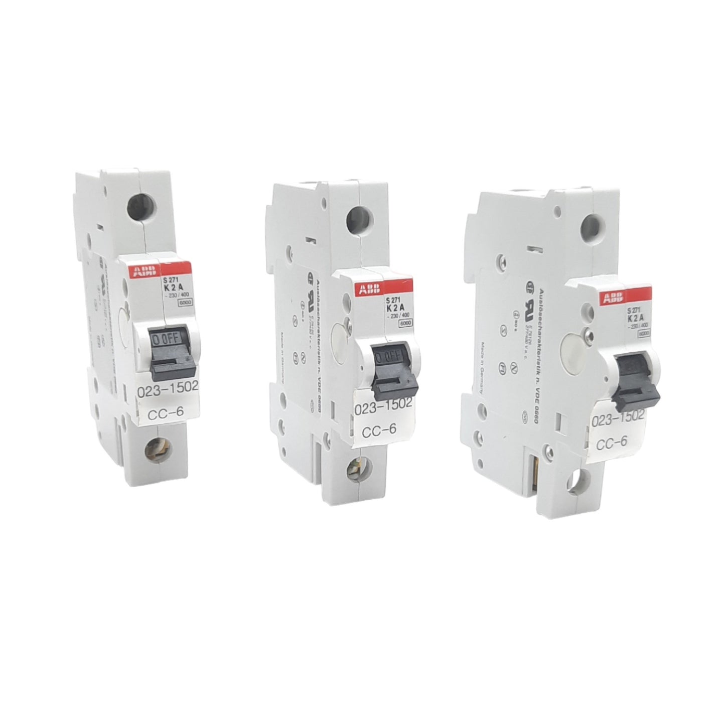Used Lot of 3 ABB S271K2A Circuit Breakers, 1-Pole, 230/400VAC 2 Amp, DIN Mount