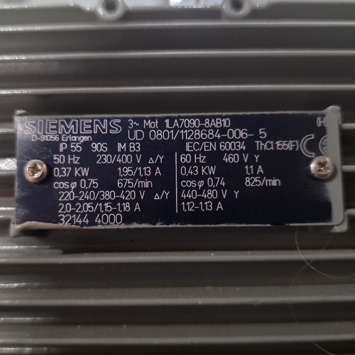 Used Siemens 1LA7090-8AB10 General Purpose AC Motor 0.37kW 230/460VAC, 750RPM, IEC 90
