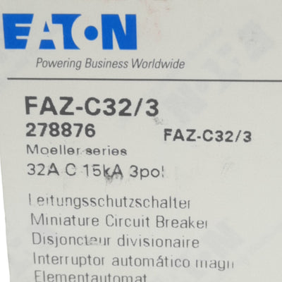 New Eaton FAZ-C32-3 Circuit Breaker 3-Pole, 32A, 415VAC, C-Curve, DIN Rail
