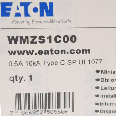 New Eaton WMZS2C00 Miniature Circuit Breaker, 277/480 VAC, 1-Pole, 0.5 Amp