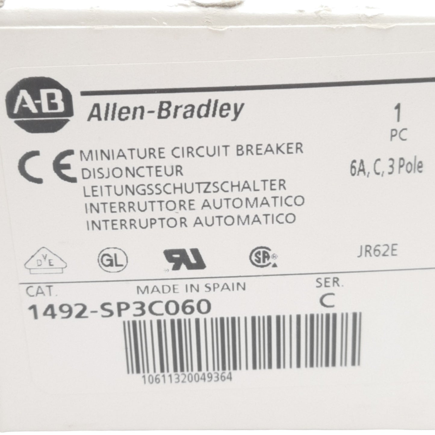 New Allen Bradley 1492-SP3C060 Miniature Circuit Breaker, 3 Pole, 6 Amp, 415 VAC