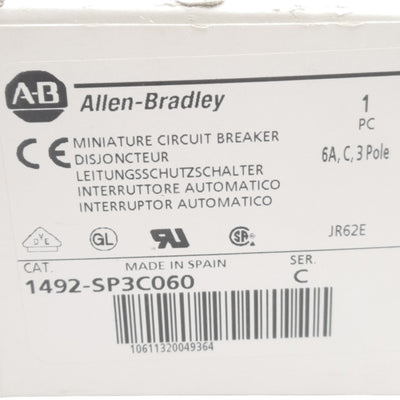 New Allen Bradley 1492-SP3C060 Miniature Circuit Breaker, 3 Pole, 6 Amp, 415 VAC