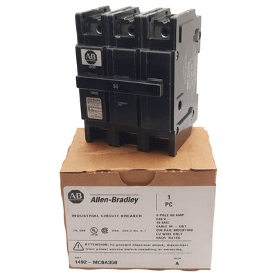 New Allen Bradley 1492-MCBA350 Circuit Breaker, 3-Pole, 50A 120/240VAC, DIN Rail