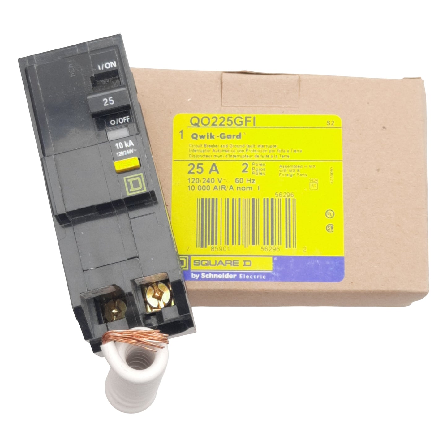 New Square-D Schneider QO225GFI Circuit Breaker, 2-Pole, 25A 120/240VAC, DIN Rail
