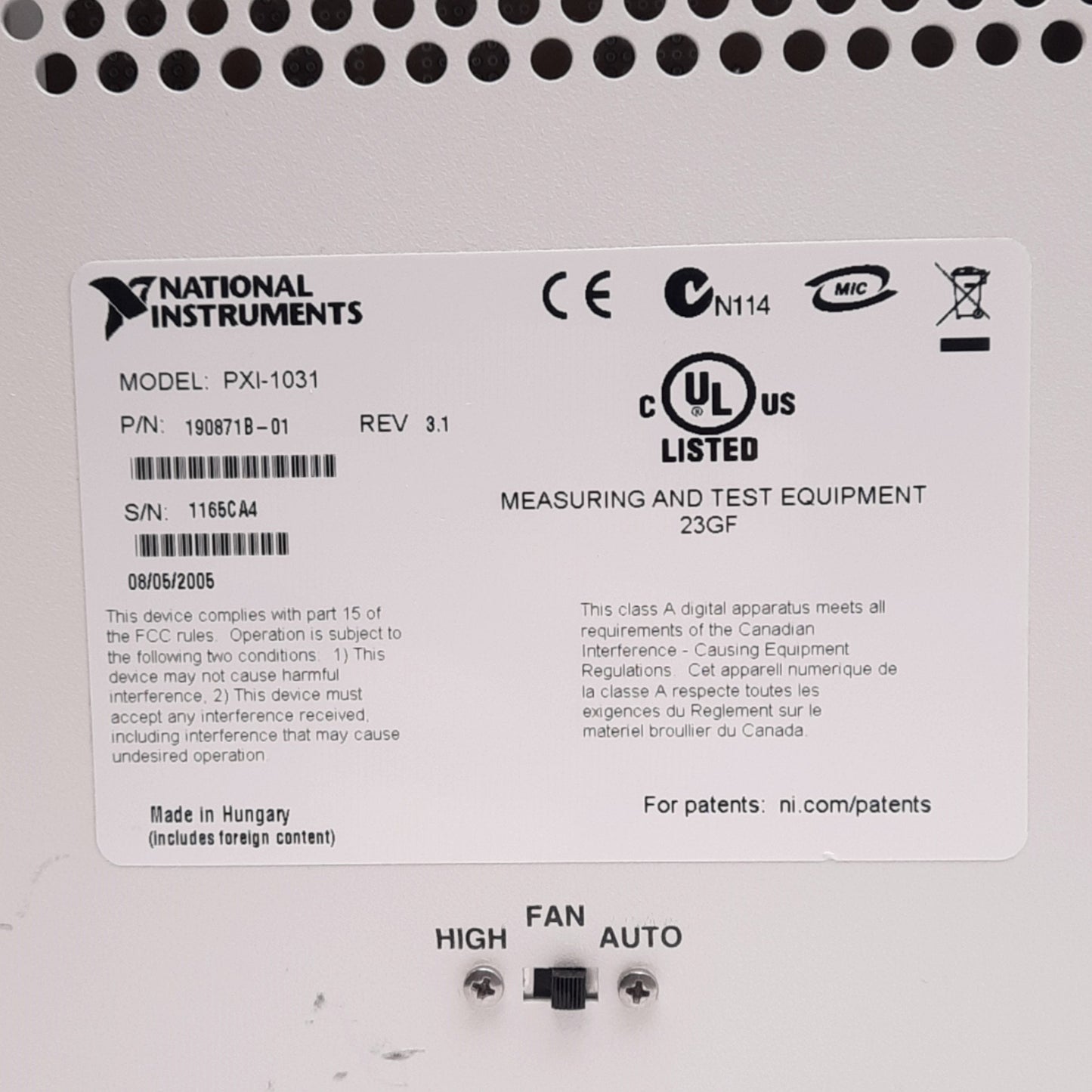 Used National Instruments PXI-1031 PXI Chassis, 4-Slot, 100-240VAC 4-2A, w/ Fan