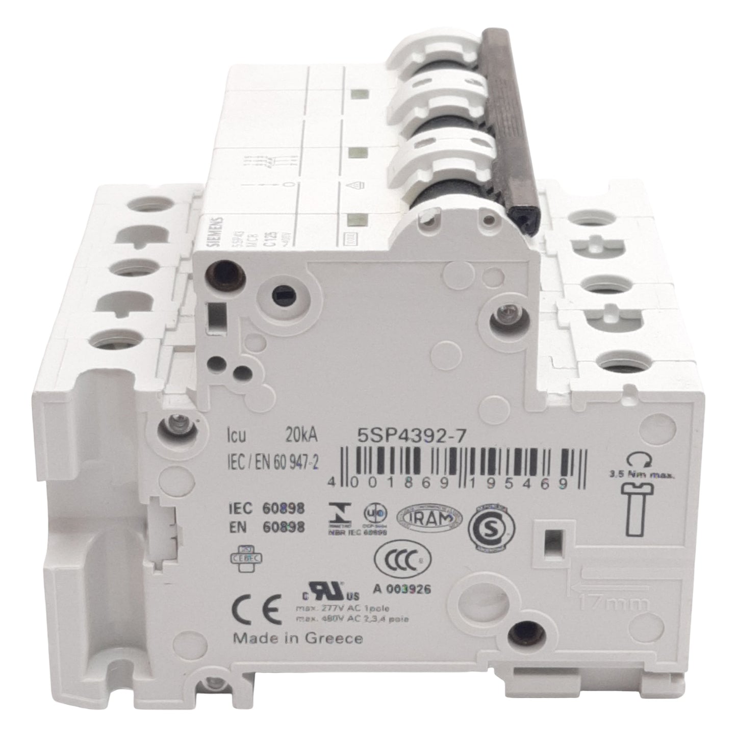 New Siemens 5SP4392-7 Circuit Breaker, 3-Pole, 125A 400VAC, DIN Rail Mount