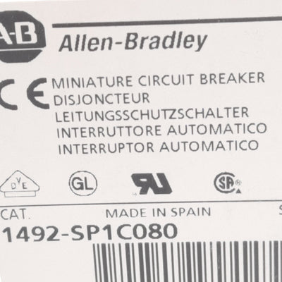 New Allen Bradley 1492-SP1C080 Circuit Breaker, 240/415 VAC, 1Pole, 8A, DIN Rail