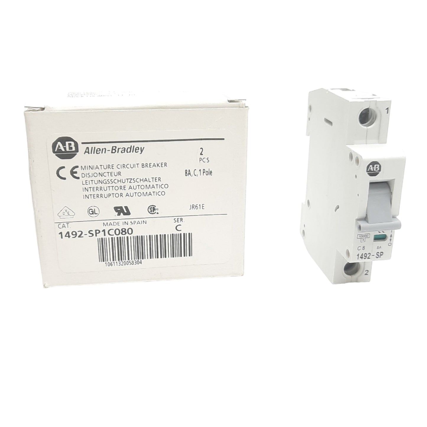 New Allen Bradley 1492-SP1C080 Circuit Breaker, 240/415 VAC, 1Pole, 8A, DIN Rail