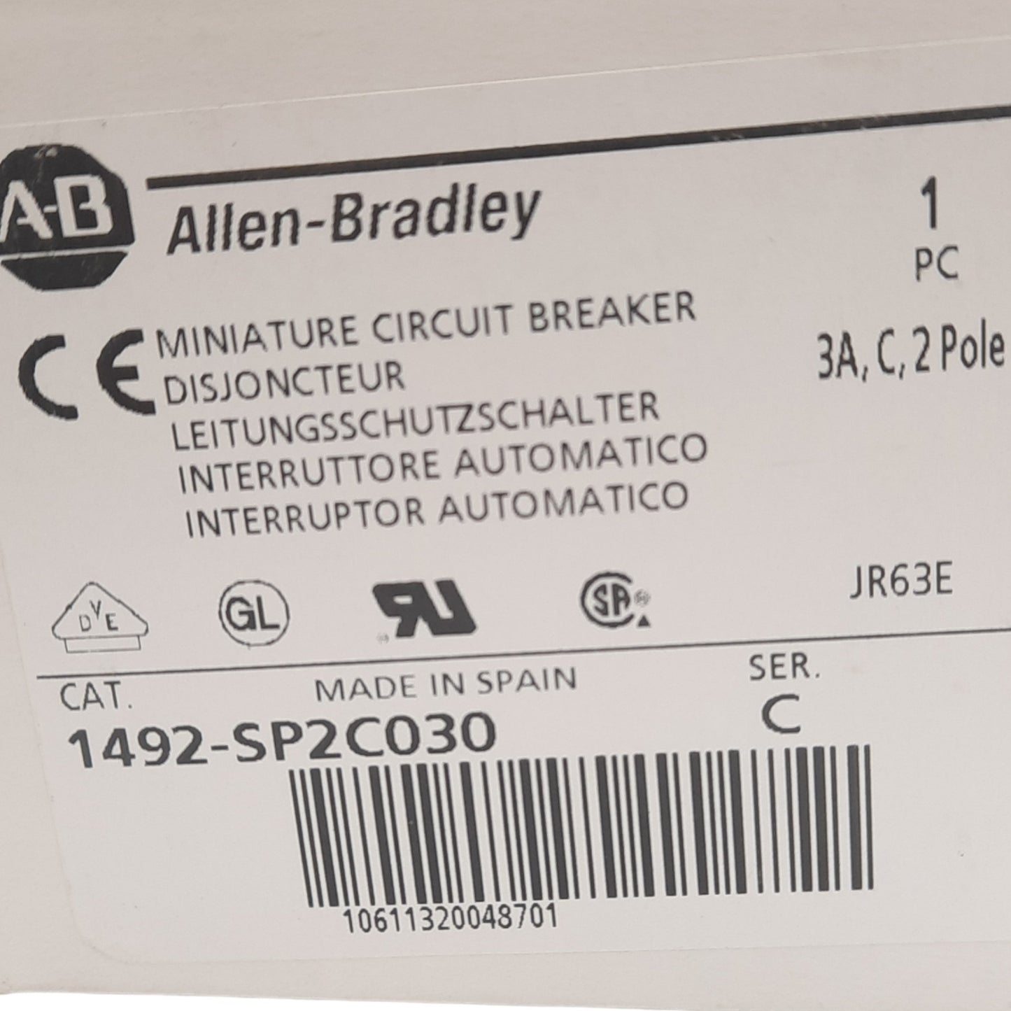 New Allen Bradley 1492-SP2C030 Circuit Breaker, 415 VAC, 2 Pole, 3A, DIN Rail