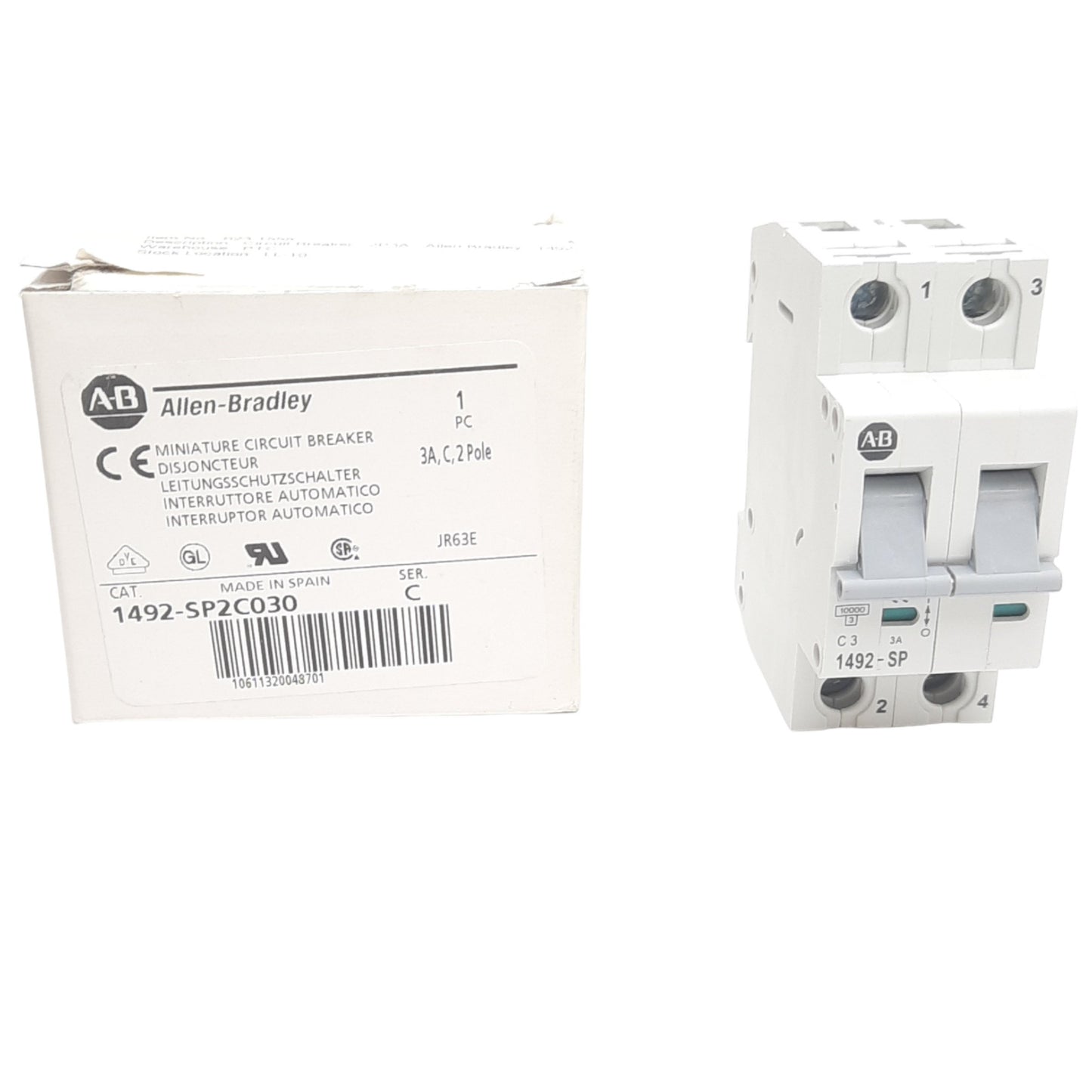 New Allen Bradley 1492-SP2C030 Circuit Breaker, 415 VAC, 2 Pole, 3A, DIN Rail