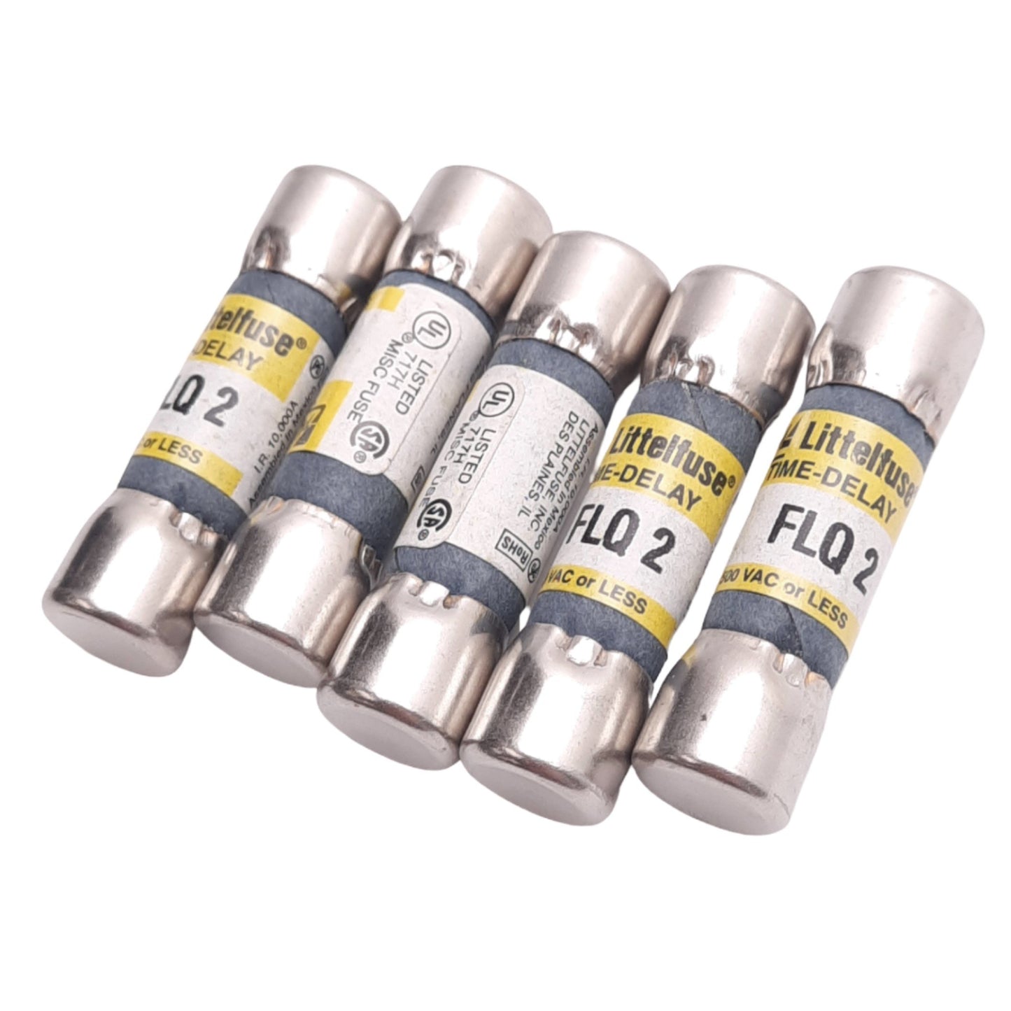 New Lot of 5 Littelfuse FLQ-2 Time Delay Midget Fuses, 2A 500VAC, Class CC