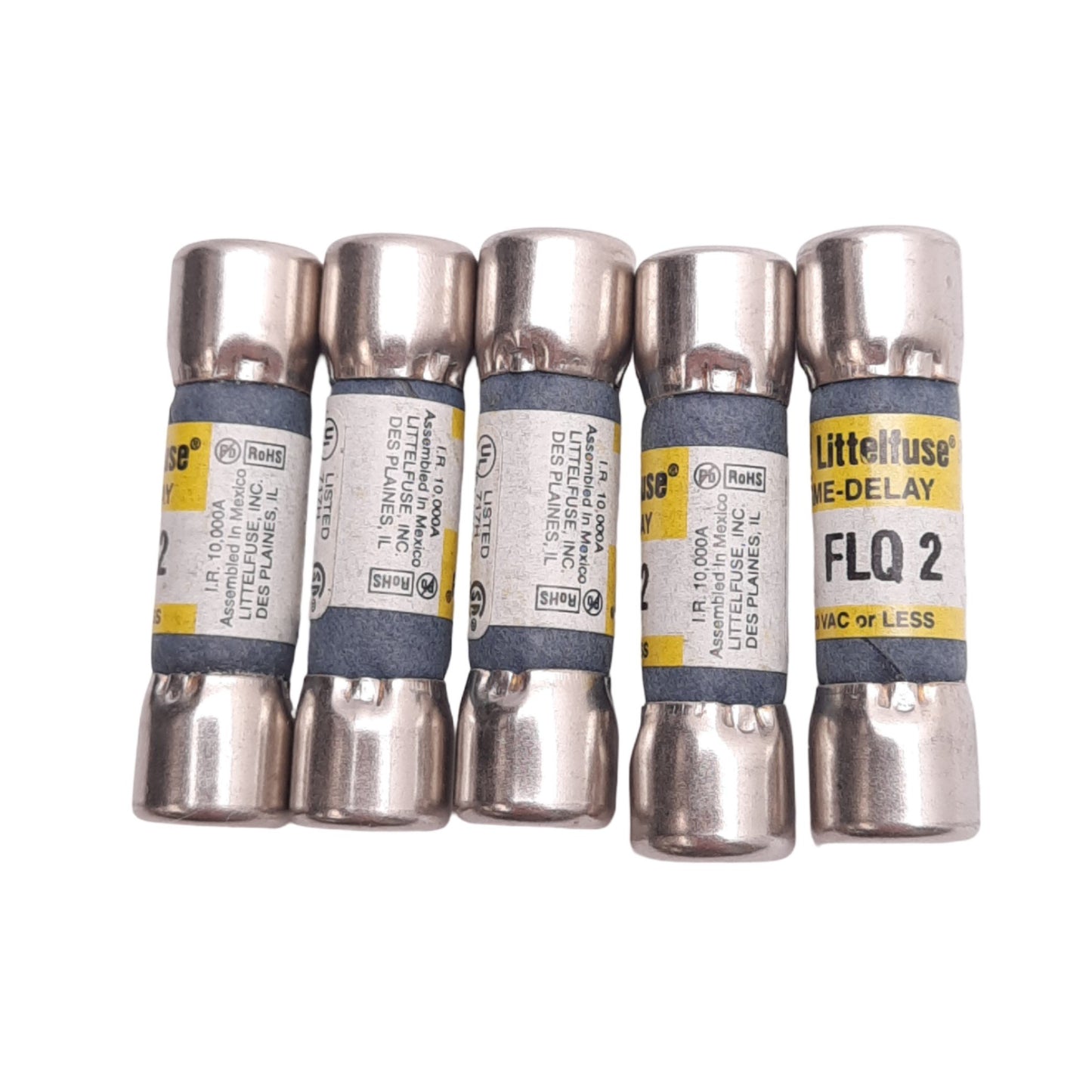 New Lot of 5 Littelfuse FLQ-2 Time Delay Midget Fuses, 2A 500VAC, Class CC