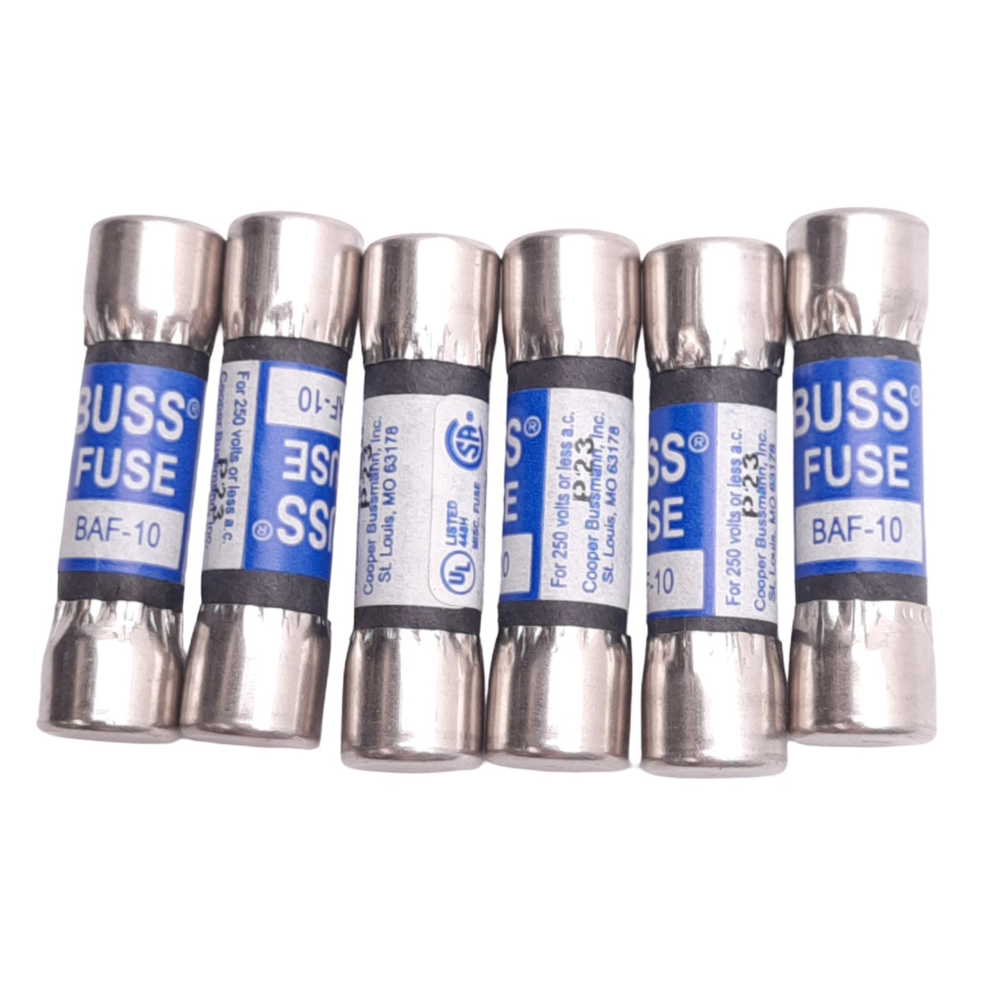 New Lot of 6 Eaton Bussmann BAF-10 Fast Acting Midget Fuses, 10A 250VAC, Class CC
